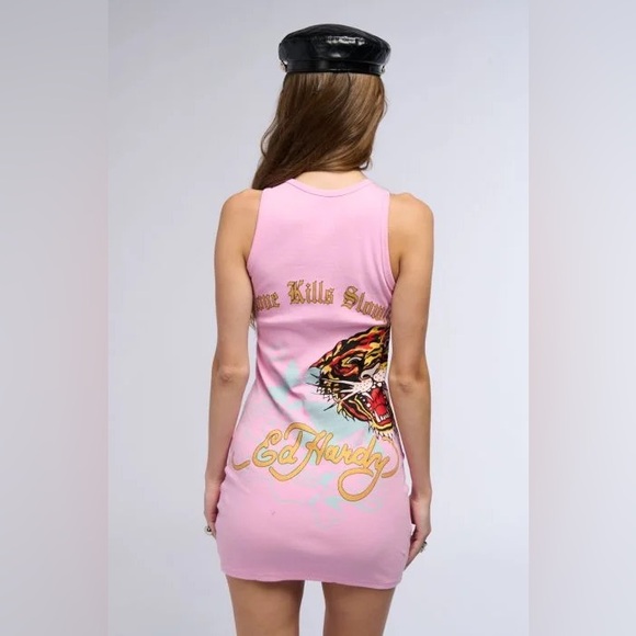 •Love Kills• Pink Ribbed Graphic Tank Mini Dress by Ed Hardy - Picture 6 of 7